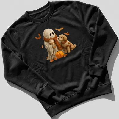 Realistic illustration of a cute ghost and doodle dog with Pumpkin Spice Latte — printed on a unisex sweatshirt