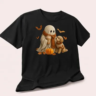 Realistic illustration of a cute ghost and doodle dog with Pumpkin Spice Latte — printed on a unisex t-shirt (angled view)