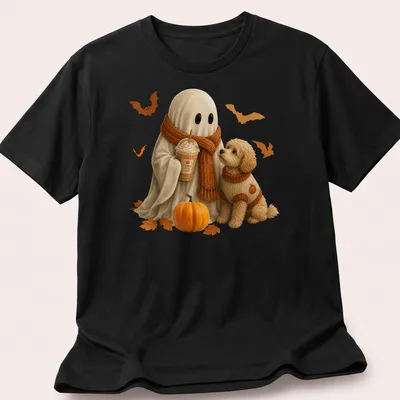 Realistic illustration of a cute ghost and doodle dog with Pumpkin Spice Latte