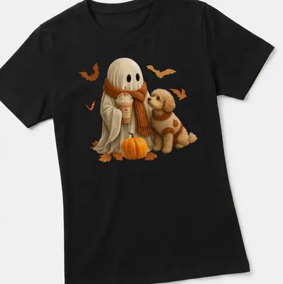 Realistic illustration of a cute ghost and doodle dog with Pumpkin Spice Latte — printed on a women's shirt