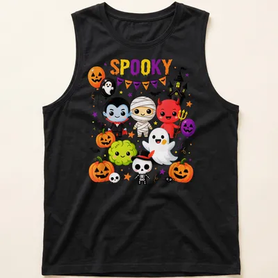 Kawaii Halloween shirt with cute characters and 'SPOOKY' text in vibrant colors — printed on a tank top