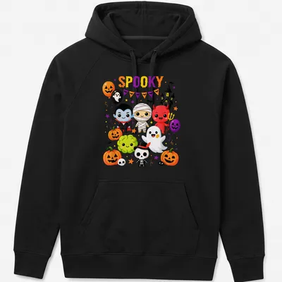 Kawaii Halloween shirt with cute characters and 'SPOOKY' text in vibrant colors — printed on a unisex hoodie