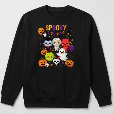 Kawaii Halloween shirt with cute characters and 'SPOOKY' text in vibrant colors — printed on a unisex sweatshirt