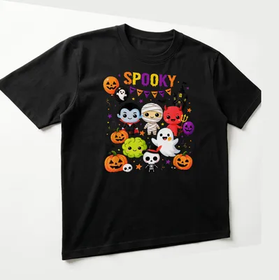 Kawaii Halloween shirt with cute characters and 'SPOOKY' text in vibrant colors — printed on a unisex t-shirt (angled view)