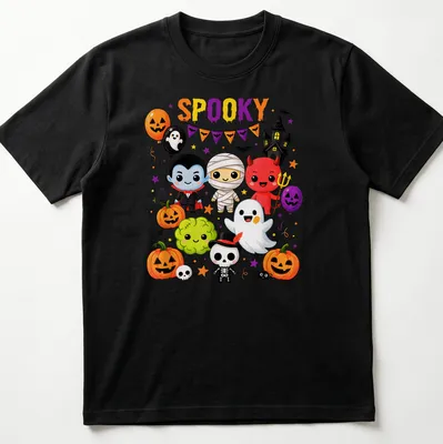Kawaii Halloween shirt with cute characters and 'SPOOKY' text in vibrant colors