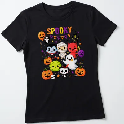 Kawaii Halloween shirt with cute characters and 'SPOOKY' text in vibrant colors — printed on a women's shirt