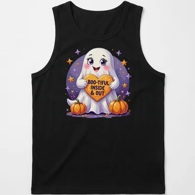 Kawaii style shirt featuring a cute Halloween ghost with a heart and text — printed on a tank top
