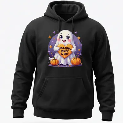 Kawaii style shirt featuring a cute Halloween ghost with a heart and text — printed on a unisex hoodie