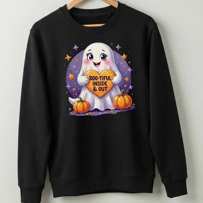 Kawaii style shirt featuring a cute Halloween ghost with a heart and text — printed on a unisex sweatshirt