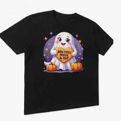 Kawaii style shirt featuring a cute Halloween ghost with a heart and text — printed on a unisex t-shirt (angled view)