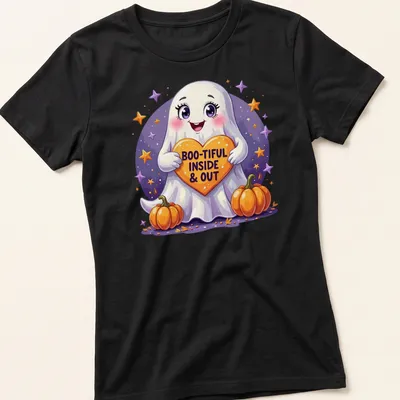 Kawaii style shirt featuring a cute Halloween ghost with a heart and text — printed on a women's shirt