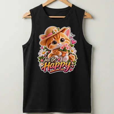 Kawaii style shirt featuring a cute happy cat with flowers and the text Just Be Happy — printed on a tank top