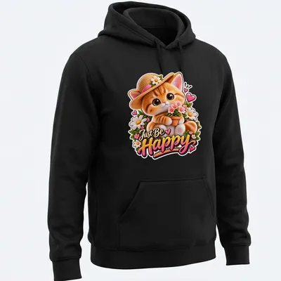 Kawaii style shirt featuring a cute happy cat with flowers and the text Just Be Happy — printed on a unisex hoodie