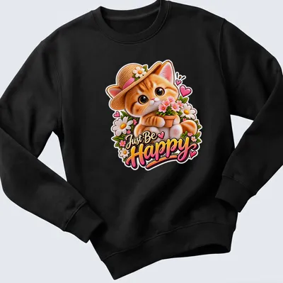 Kawaii style shirt featuring a cute happy cat with flowers and the text Just Be Happy — printed on a unisex sweatshirt