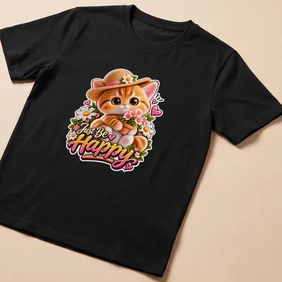 Kawaii style shirt featuring a cute happy cat with flowers and the text Just Be Happy