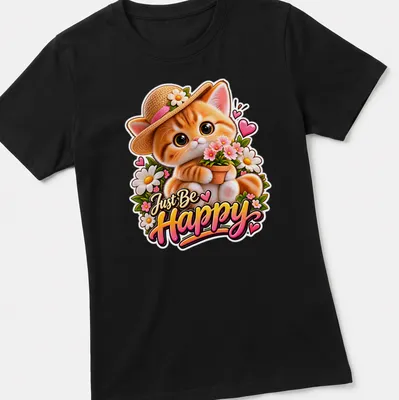 Kawaii style shirt featuring a cute happy cat with flowers and the text Just Be Happy — printed on a women's shirt