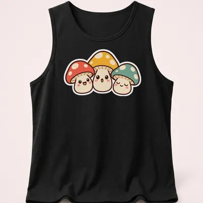 Kawaii design featuring a trio of cute mushrooms in vibrant colors. — printed on a tank top
