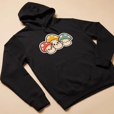 Kawaii design featuring a trio of cute mushrooms in vibrant colors. — printed on a unisex hoodie