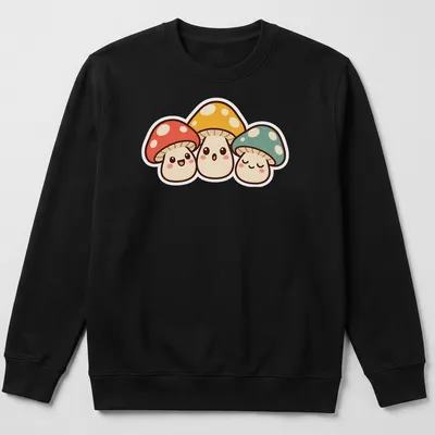 Kawaii design featuring a trio of cute mushrooms in vibrant colors. — printed on a unisex sweatshirt