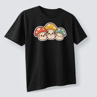 Kawaii design featuring a trio of cute mushrooms in vibrant colors. — printed on a unisex t-shirt (angled view)