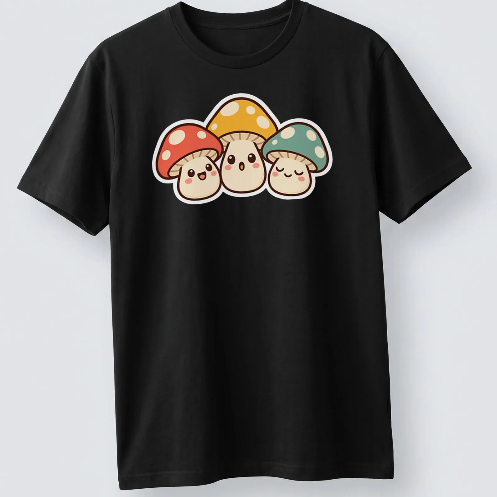 Kawaii design featuring a trio of cute mushrooms in vibrant colors. — printed on a unisex t-shirt