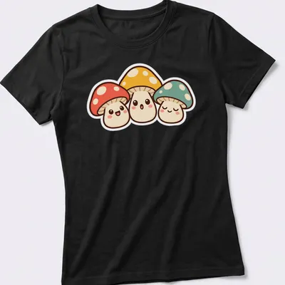 Kawaii design featuring a trio of cute mushrooms in vibrant colors. — printed on a women's shirt