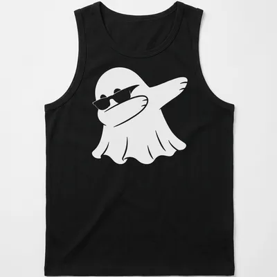 Cartoon ghost in a dabbing pose, designed simply in white — printed on a tank top