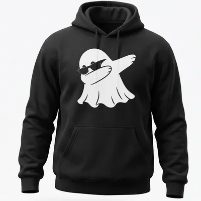 Cartoon ghost in a dabbing pose, designed simply in white — printed on a unisex hoodie
