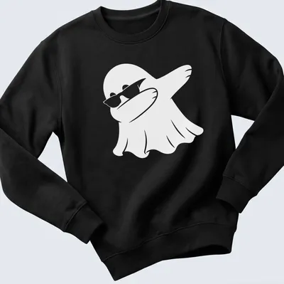 Cartoon ghost in a dabbing pose, designed simply in white — printed on a unisex sweatshirt