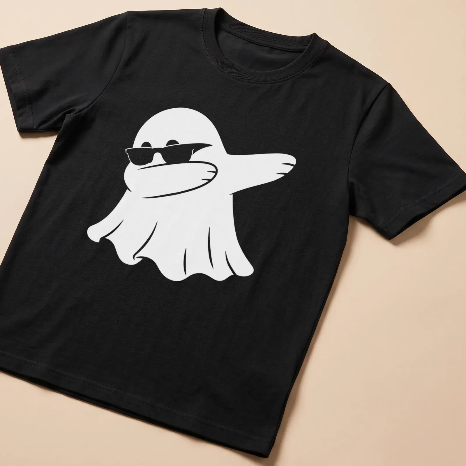 Cartoon ghost in a dabbing pose, designed simply in white — printed on a unisex t-shirt
