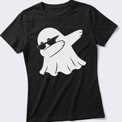 Cartoon ghost in a dabbing pose, designed simply in white — printed on a women's shirt