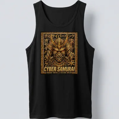 Mosaic design of Cyber Samurai in gold, black, and brown with Japanese text — printed on a tank top