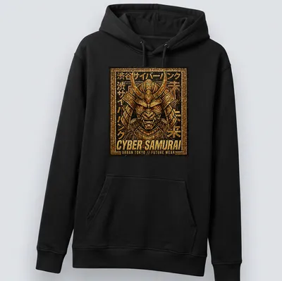 Mosaic design of Cyber Samurai in gold, black, and brown with Japanese text — printed on a unisex hoodie