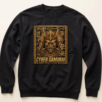 Mosaic design of Cyber Samurai in gold, black, and brown with Japanese text — printed on a unisex sweatshirt