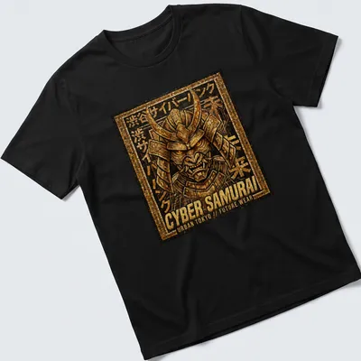 Mosaic design of Cyber Samurai in gold, black, and brown with Japanese text