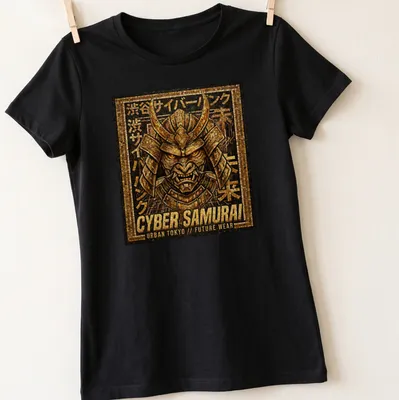 Mosaic design of Cyber Samurai in gold, black, and brown with Japanese text — printed on a women's shirt