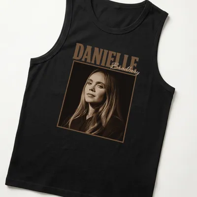 Vintage sepia t-shirt featuring the name Danielle Bradbery in elegant typography — printed on a tank top