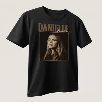 Vintage sepia t-shirt featuring the name Danielle Bradbery in elegant typography — printed on a unisex t-shirt (angled view)
