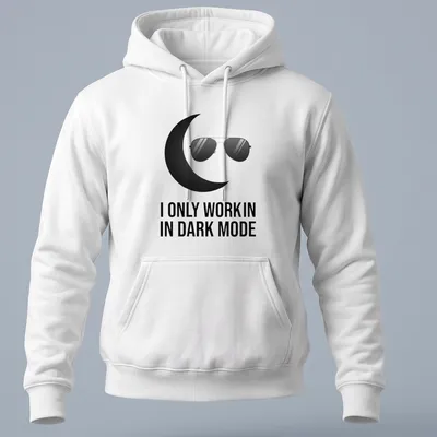 Minimalist design with black sunglasses and crescent moon above the text 'I ONLY WORK IN DARK MODE' — printed on a unisex hoodie
