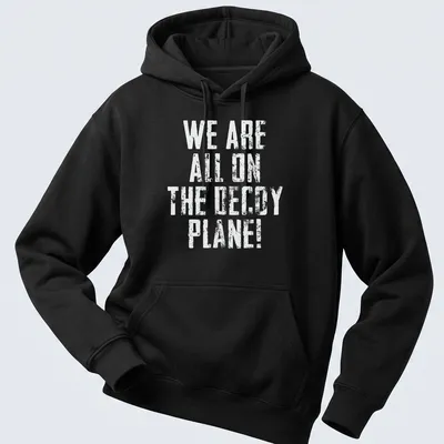 Vintage distressed shirt with the phrase We Are All On The Decoy Plane! — printed on a unisex hoodie