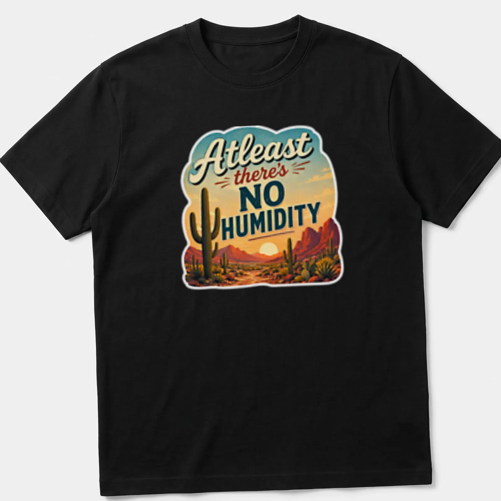 Vintage style shirt featuring a desert landscape and cacti with humorous text about humidity — printed on a unisex t-shirt