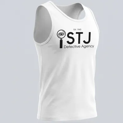 Modern minimalist Detective Agency t-shirt featuring magnifying glass and eye design in black and white — printed on a tank top