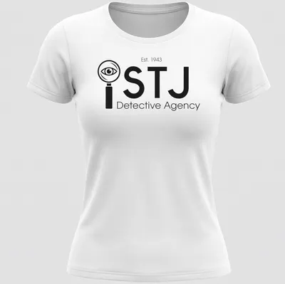 Modern minimalist Detective Agency t-shirt featuring magnifying glass and eye design in black and white — printed on a women's shirt