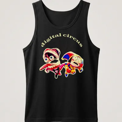 Colorful cartoon characters from Digital Circus with vibrant text — printed on a tank top