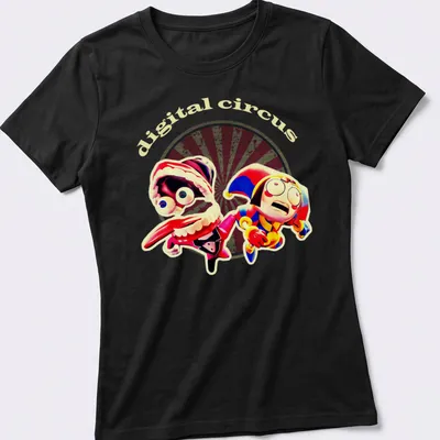 Colorful cartoon characters from Digital Circus with vibrant text — printed on a women's shirt