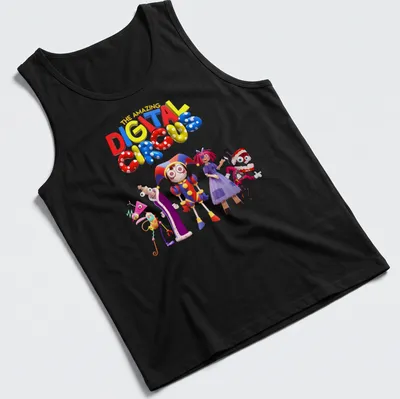 Colorful 3D characters from a digital circus amidst playful lettering — printed on a tank top