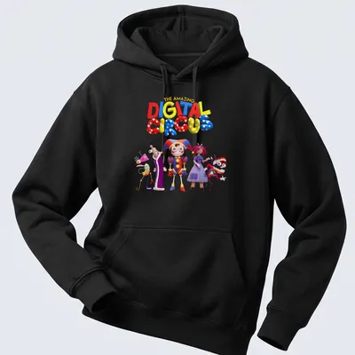 Colorful 3D characters from a digital circus amidst playful lettering — printed on a unisex hoodie