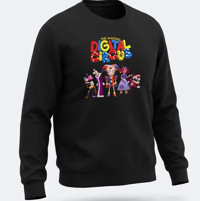 Colorful 3D characters from a digital circus amidst playful lettering — printed on a unisex sweatshirt