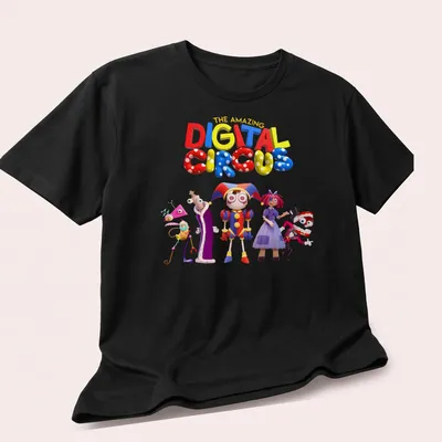 Colorful 3D characters from a digital circus amidst playful lettering — printed on a unisex t-shirt (angled view)