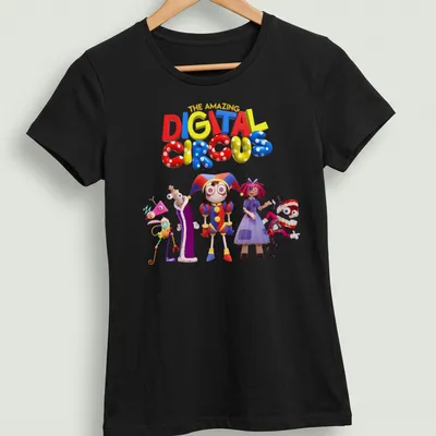 Colorful 3D characters from a digital circus amidst playful lettering — printed on a women's shirt